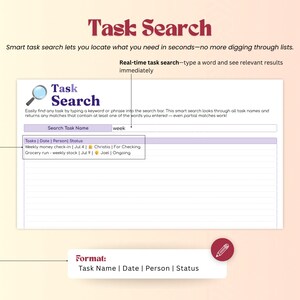 Puede incluir: Interfaz digital con el texto "Task Search" en negrita, color granate. La interfaz muestra una barra de b&uacute;squeda y una lista de tareas con detalles como fecha, persona y estado. El formato es Nombre de la tarea | Fecha | Persona | Estado.