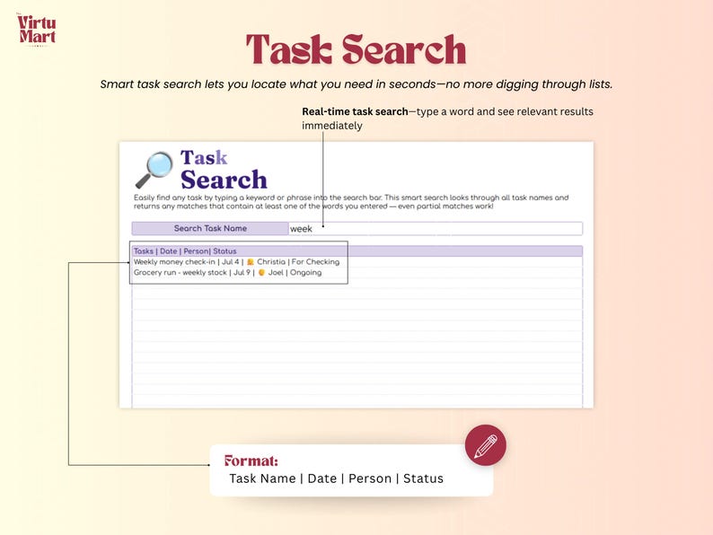 Puede incluir: Interfaz digital con el texto "Task Search" en negrita, color granate. La interfaz muestra una barra de b&uacute;squeda y una lista de tareas con detalles como fecha, persona y estado. El formato es Nombre de la tarea | Fecha | Persona | Estado.