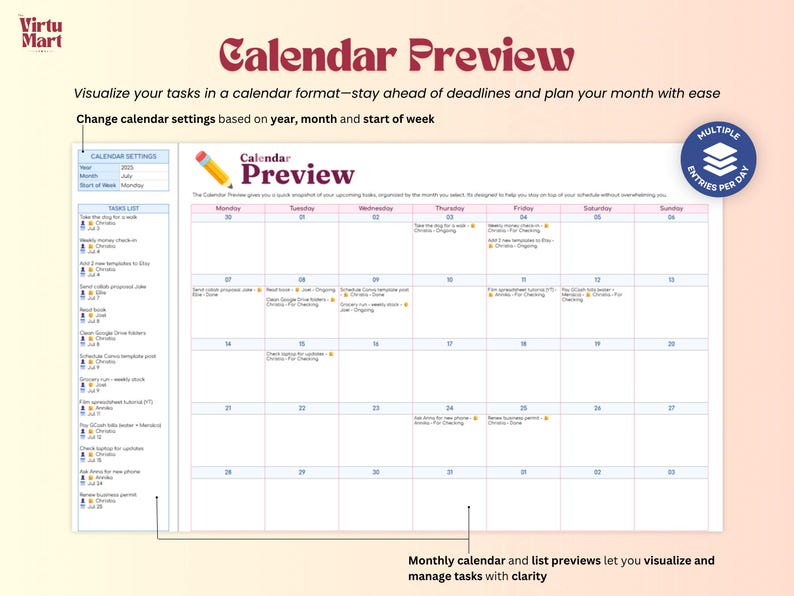 Puede incluir: Vista previa digital de calendario con el t&iacute;tulo "Calendar Preview". El calendario muestra una vista mensual con entradas de tareas. El texto incluye "Visualiza tus tareas" y "Cambiar la configuraci&oacute;n del calendario". Hay un icono de l&aacute;piz.