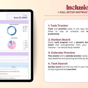 Puede incluir: Un sistema digital de gesti&oacute;n de tareas mostrado en una tableta. La pantalla muestra gr&aacute;ficos y una vista de calendario. El texto de la derecha destaca funciones como el seguimiento de tareas y la vista previa del calendario. La fecha 27 de junio de 2025 es visible.