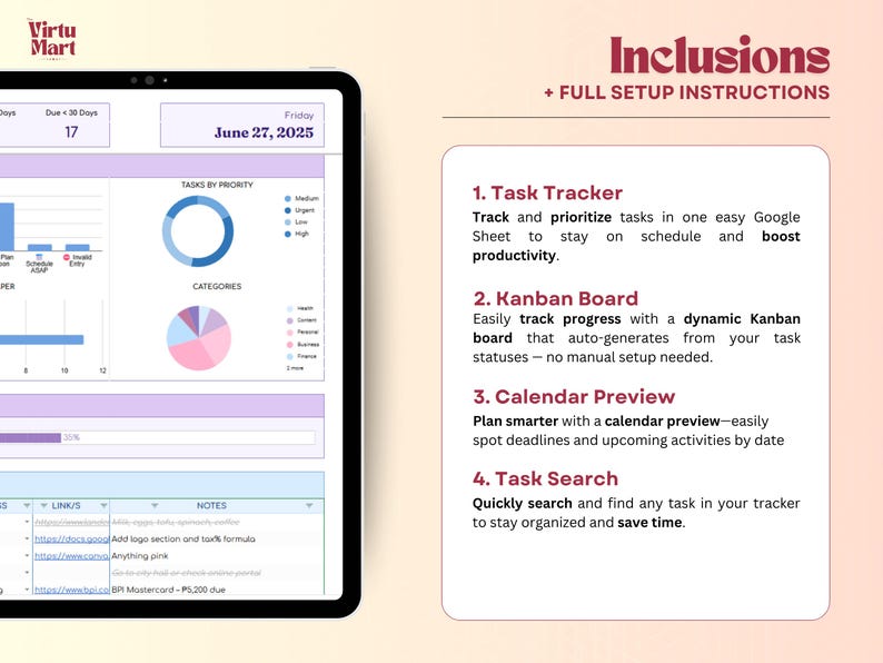 Puede incluir: Un sistema digital de gesti&oacute;n de tareas mostrado en una tableta. La pantalla muestra gr&aacute;ficos y una vista de calendario. El texto de la derecha destaca funciones como el seguimiento de tareas y la vista previa del calendario. La fecha 27 de junio de 2025 es visible.