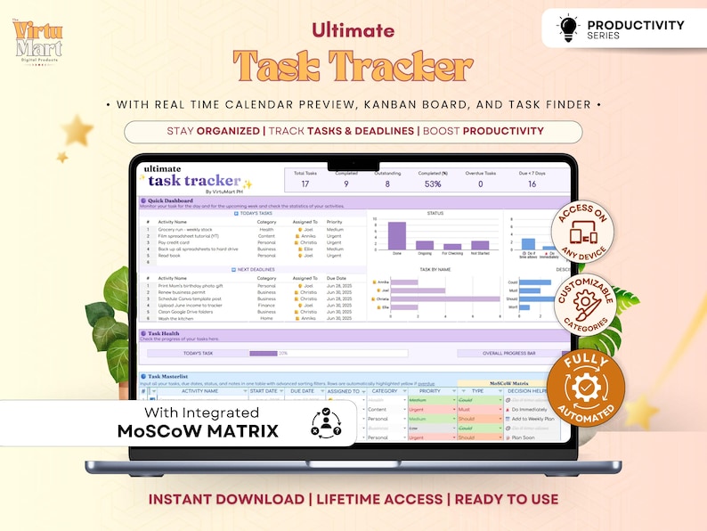 Puede incluir: Una pantalla de port&aacute;til muestra la interfaz "Ultimate Task Tracker". La interfaz incluye una vista previa del calendario, un tablero Kanban y un buscador de tareas. El texto en la pantalla dice "Stay Organized | Track Tasks & Deadlines | Boost Productivity". La imagen tambi&eacute;n incluye el texto "Instant Download | Lifetime Access | Ready to Use".
