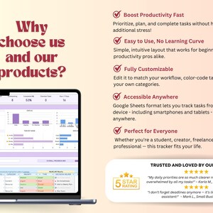 Puede incluir: Una pantalla de port&aacute;til muestra una hoja de c&aacute;lculo con gr&aacute;ficos y datos, con el texto "&iquest;Por qu&eacute; elegirnos a nosotros y a nuestros productos?" y vi&ntilde;etas que resaltan caracter&iacute;sticas como la productividad.