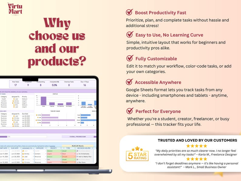 Puede incluir: Una pantalla de port&aacute;til muestra una hoja de c&aacute;lculo con gr&aacute;ficos y datos, con el texto "&iquest;Por qu&eacute; elegirnos a nosotros y a nuestros productos?" y vi&ntilde;etas que resaltan caracter&iacute;sticas como la productividad.