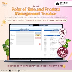 May include: A laptop screen displays a point-of-sale and product management tracker interface. The interface includes sections for product updates and search, with options to record sales, organize products, and automate receipts. The design is geared towards small businesses.