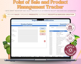 Puede incluir: Una pantalla de portátil muestra una interfaz de seguimiento de punto de venta y gestión de productos. La interfaz incluye secciones para actualizaciones de productos y búsqueda, con opciones para registrar ventas, organizar productos y automatizar recibos.