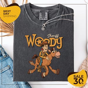 A gray t-shirt with a cartoon image of Woody, a character from the Toy Story franchise, and a sheriff badge on the neck. The t-shirt is displayed on a white background, and there are jeans and a sweater visible in the background.