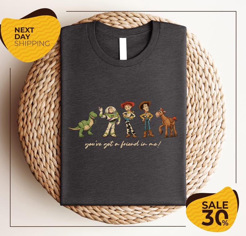 a gray t-shirt with a graphic design of characters from the Toy Story movie, including Woody, Buzz Lightyear, and a dinosaur. The text on the t-shirt says "you've got a friend in me!"