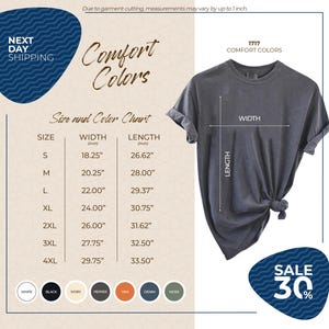 The image is a promotional graphic for Next Day Shipping, featuring a gray t-shirt with size and color charts, along with a sale offer.