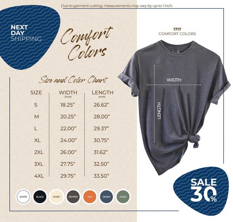 The image is a promotional graphic for Next Day Shipping, featuring a gray t-shirt with size and color charts, along with a sale offer.