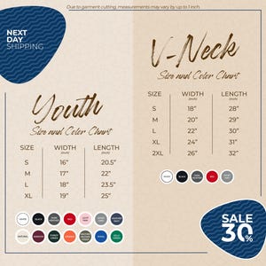 The image is a promotional graphic for a clothing store, displaying size and color charts for youth and V-Neck tops. The chart provides measurements for different sizes, including S, M, L, XL, and 2XL, along with corresponding widths and lengths. The image also includes a sale promotion of 30% off.