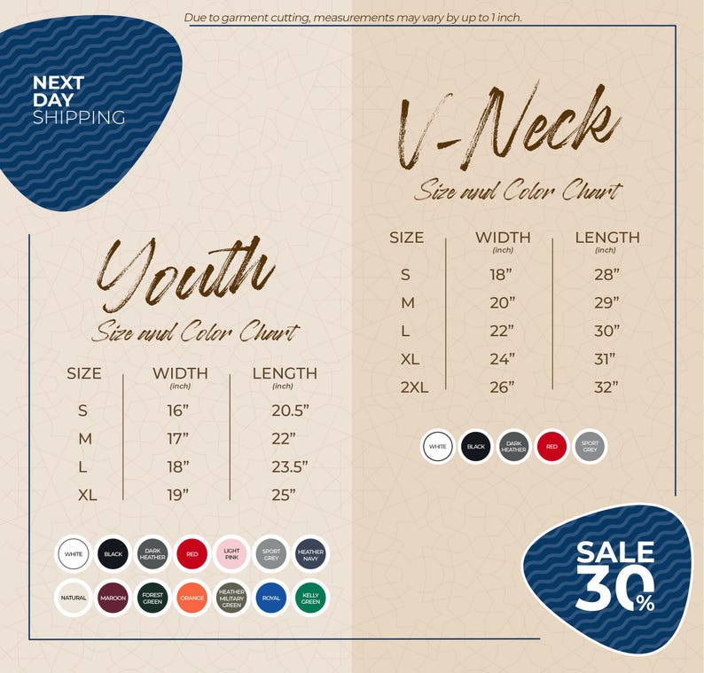 The image is a promotional graphic for a clothing store, displaying size and color charts for youth and V-Neck tops. The chart provides measurements for different sizes, including S, M, L, XL, and 2XL, along with corresponding widths and lengths. The image also includes a sale promotion of 30% off.