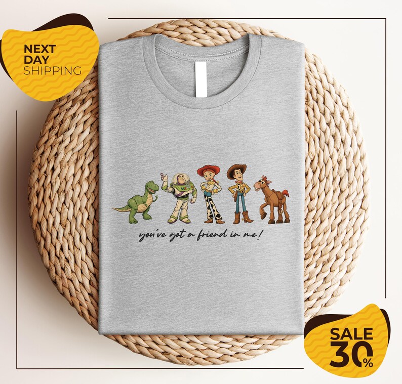 A gray t-shirt with a graphic design featuring characters from the Toy Story movie, including Woody, Buzz Lightyear, and a horse. The text below the characters says "you've got a friend in me!"