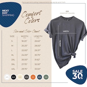 The image is a promotional graphic for Next Day Shipping, featuring a gray t-shirt with size and color charts, along with a sale offer.