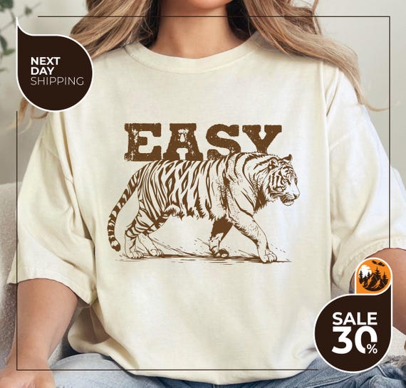 Comfort Colors® Easy Tiger T-Shirt | Vintage Distressed Tiger Shirt | Oversized Retro Tiger Tee | Trendy Grunge Indie Boho Tee | Graphic Tee