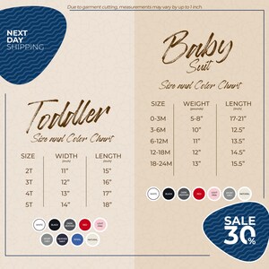The image is a promotional flyer for Next Day Shipping, featuring a size and color chart for baby suits. The chart provides measurements and corresponding colors for different age groups, including toddler, baby, and suit sizes. The flyer also includes a sale offer of 30% off on baby suits.