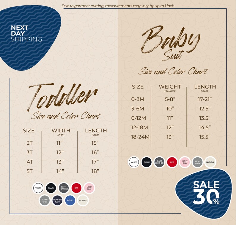 The image is a promotional flyer for Next Day Shipping, featuring a size and color chart for baby suits. The chart provides measurements and corresponding colors for different age groups, including toddler, baby, and suit sizes. The flyer also includes a sale offer of 30% off on baby suits.