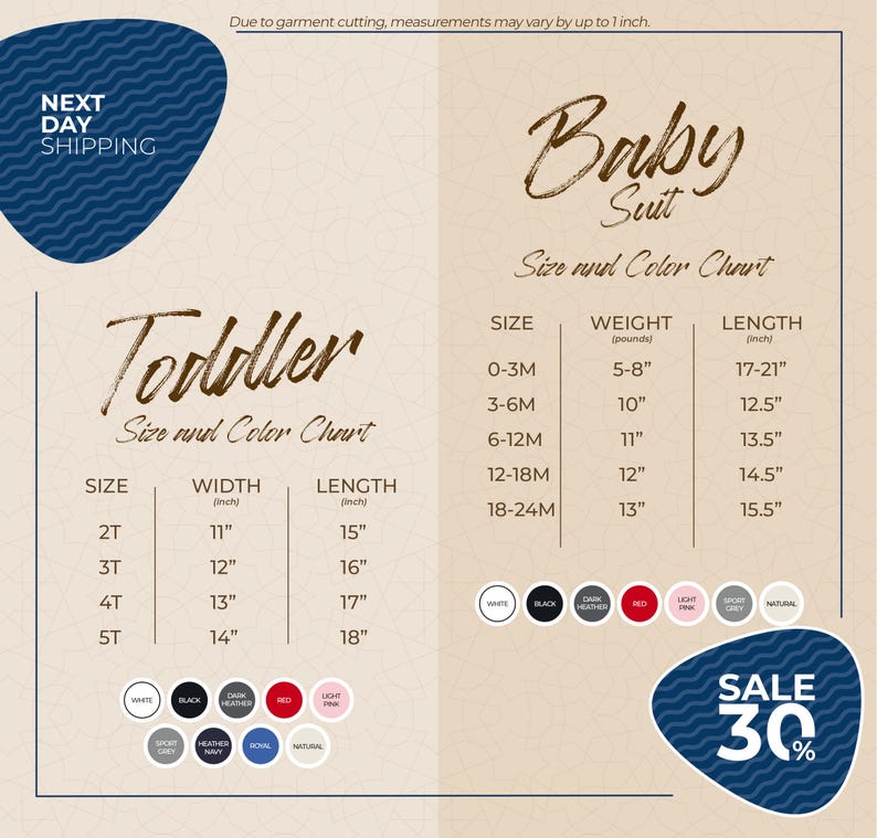 The image is a promotional flyer for Next Day Shipping, featuring a size and color chart for baby suits. The chart provides measurements and corresponding colors for different age groups, including toddler, baby, and suit sizes. The flyer also includes a sale offer of 30% off on baby suits.