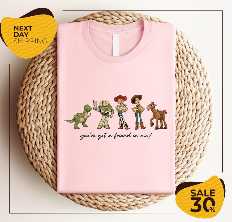 A pink t-shirt with a graphic design featuring characters from the Toy Story movie, including Woody, Buzz Lightyear, and a horse. The text below the characters says "you've got a friend in me!"