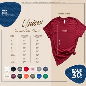 The image is a promotional graphic for a clothing brand, specifically a men's unisex t-shirt. It features a red t-shirt with size and color charts, along with a sale offer of 30% off. The image also includes a variety of color swatches for the different sizes and styles of the t-shirt.