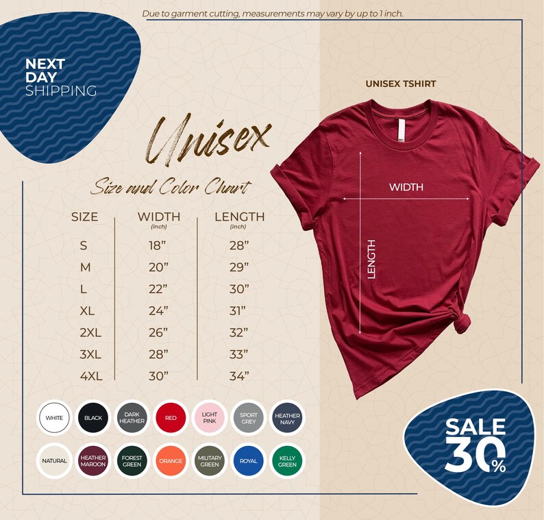 The image is a promotional graphic for a clothing brand, specifically a men's unisex t-shirt. It features a red t-shirt with size and color charts, along with a sale offer of 30% off. The image also includes a variety of color swatches for the different sizes and styles of the t-shirt.