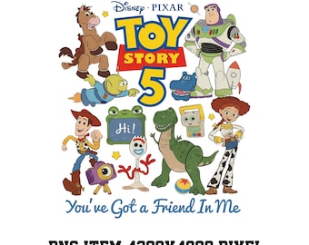May include: A digital graphic featuring Disney Pixar Toy Story 5 branding with characters including Woody, Buzz Lightyear, Jessie, Rex, Bullseye, Forky, and an alien. The text reads Toy Story 5 and You've Got a Friend In Me, with a green sign saying Hi.