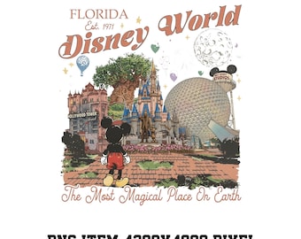 May include: A graphic illustration featuring Florida Disney World Est. 1971 and The Most Magical Place On Earth text. It depicts Mickey Mouse, the Hollywood Tower Hotel, the Tree of Life, Cinderella Castle, and Spaceship Earth in a park setting.