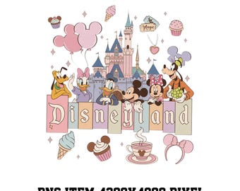 May include: A graphic illustration featuring the word Disneyland in pastel-colored blocks, surrounded by Mickey Mouse, Minnie Mouse, Donald Duck, Daisy Duck, Pluto, and Goofy. The scene includes a castle, balloons, cupcakes, ice cream, and a tea cup.