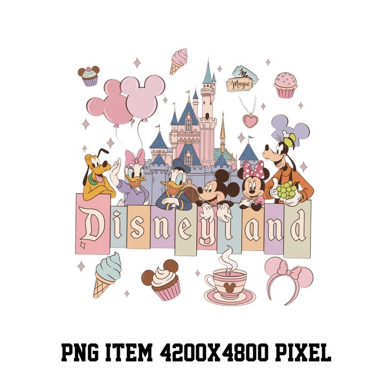May include: A graphic illustration featuring the word Disneyland in pastel-colored blocks, surrounded by Mickey Mouse, Minnie Mouse, Donald Duck, Daisy Duck, Pluto, and Goofy. The scene includes a castle, balloons, cupcakes, ice cream, and a tea cup.