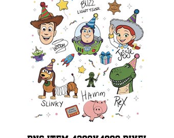 May include: A digital illustration featuring Toy Story characters wearing party hats, including Woody, Buzz Lightyear, Jessie, Slinky Dog, Rex, and Hamm. The design includes text labels for each character, a rocket, a gift box, and stars on a white background.