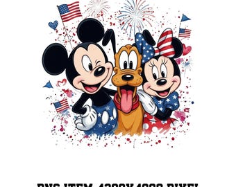 Mickey Mouse Minnie Mouse Pluto 4th Of July PNG, Disney Patriotic PNG, American Flag Fireworks PNG, Independence Day Sublimation Design