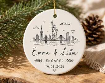 Custom City Skyline Ornament, Personalized Engagement Ornament, Ceramic Couple Keepsake, NYC Proposal Gift, First Christmas Together