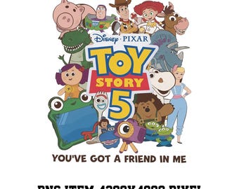 May include: A digital graphic featuring the Toy Story 5 logo in blue and yellow, surrounded by animated characters including Woody, Buzz Lightyear, Jessie, Rex, and others. The text reads Toy Story 5 and You've Got A Friend In Me. PNG item 4200x4800 pixel.
