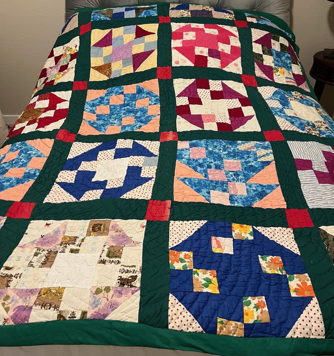 Vintage Hand Stitched Sampler Quilt 78in X 70in Patchwork Churn Dash ...