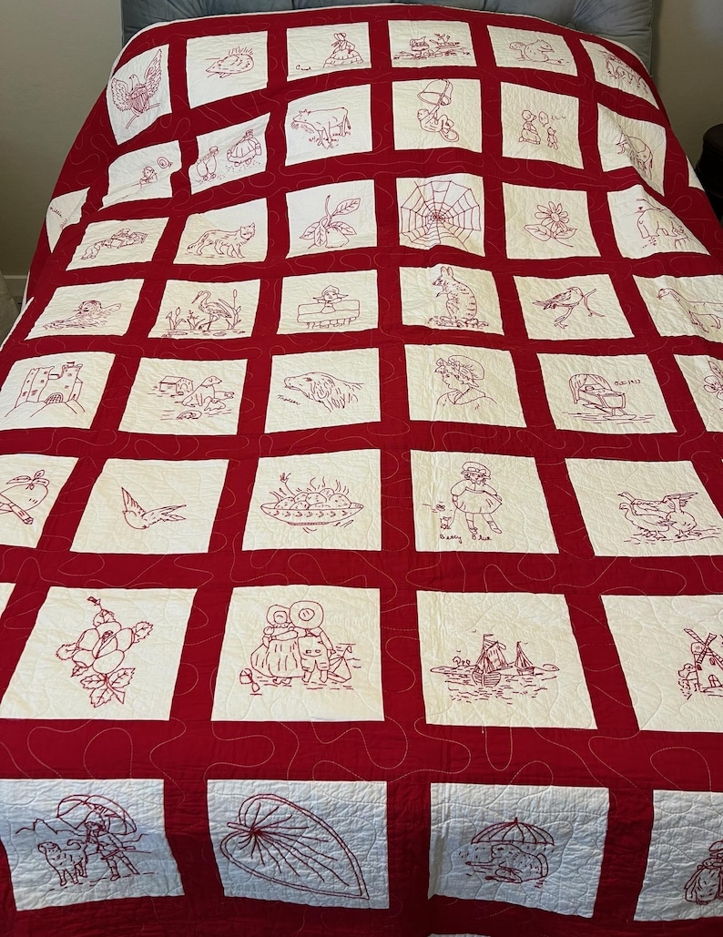 Antique Redwork Album Quilt – Hand Embroidered, 87in X 85in ,pristine ...