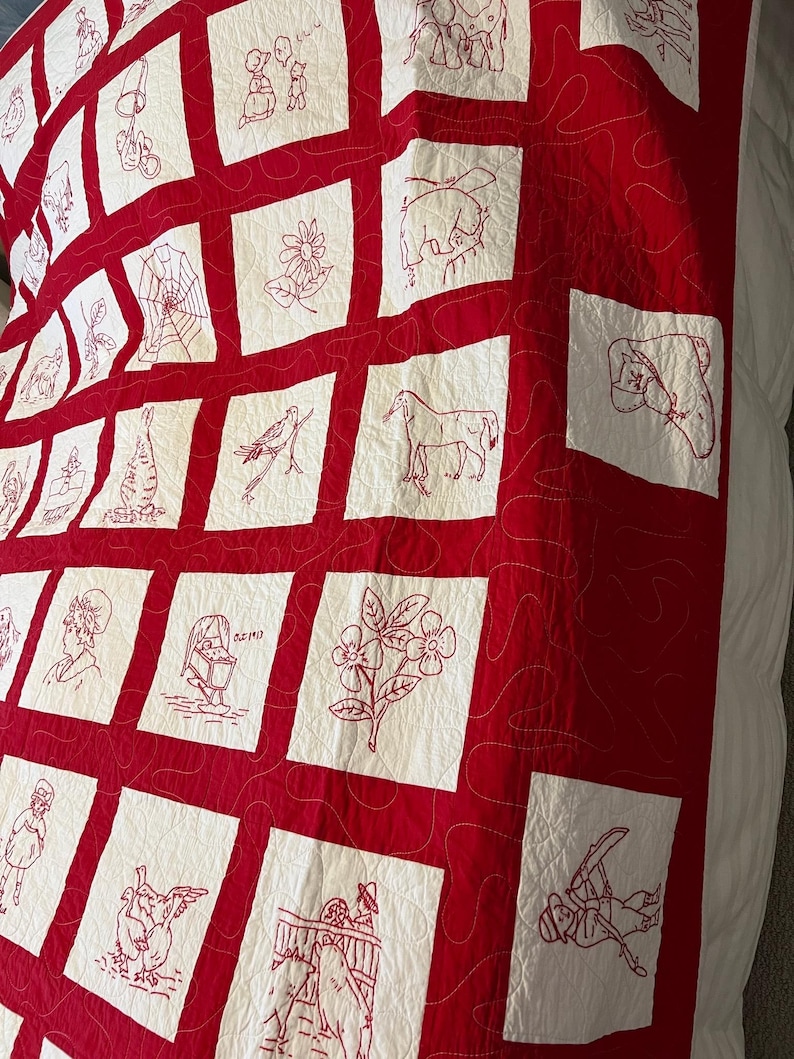 Antique Redwork Album Quilt – Hand Embroidered, 87in X 85in ,pristine ...