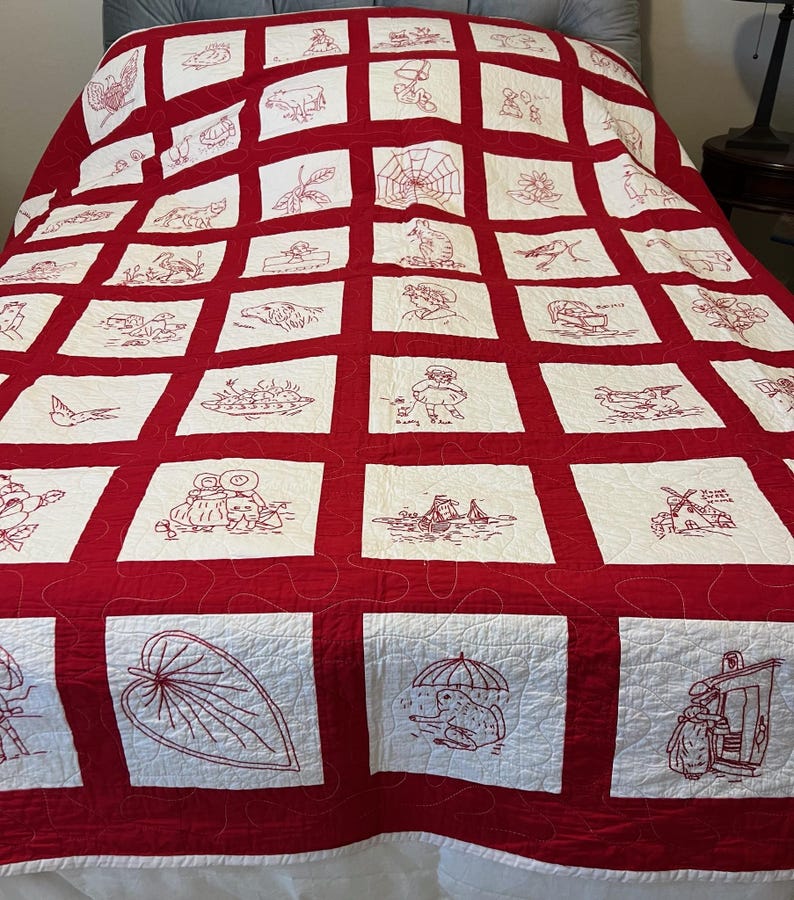 Antique Redwork Album Quilt – Hand Embroidered, 87in X 85in ,pristine ...