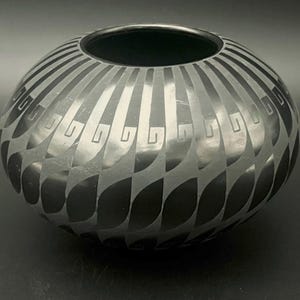May include: A black ceramic vessel with a rounded shape and a wide opening. The surface is decorated with a repeating pattern of light gray geometric shapes and curved lines. The design creates a sense of depth and texture.