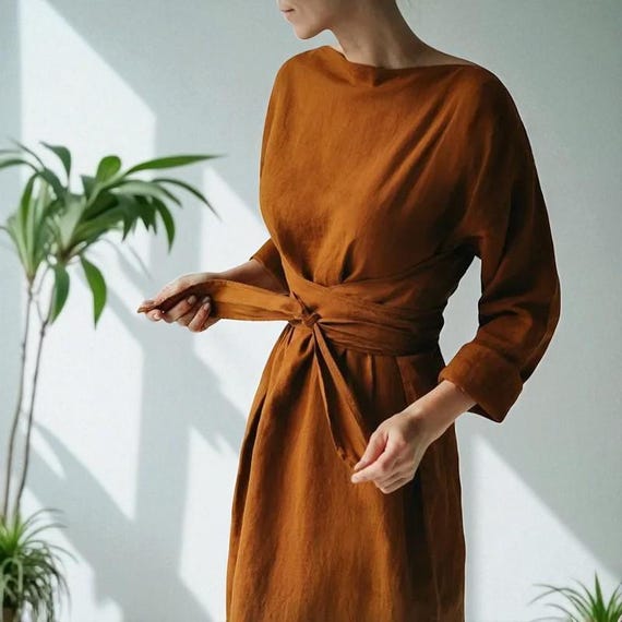 Lumiara One-Shoulder Belted Dress - Women's Ankle-Length Cotton Linen Gown