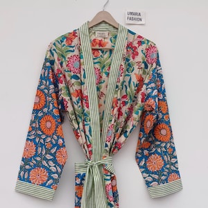 Cotton Kimono Robes Dressing Gown,Block Print Bridesmaid, Summer Nightwear,One Size