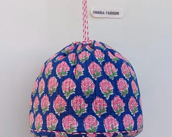 Bolsa potli acolchada de algodón estampada a mano con estampado floral indio