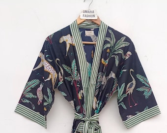 Cotton Kimono Robes Dressing Gown,Block Print Bridesmaid, Summer Nightwear,One Size