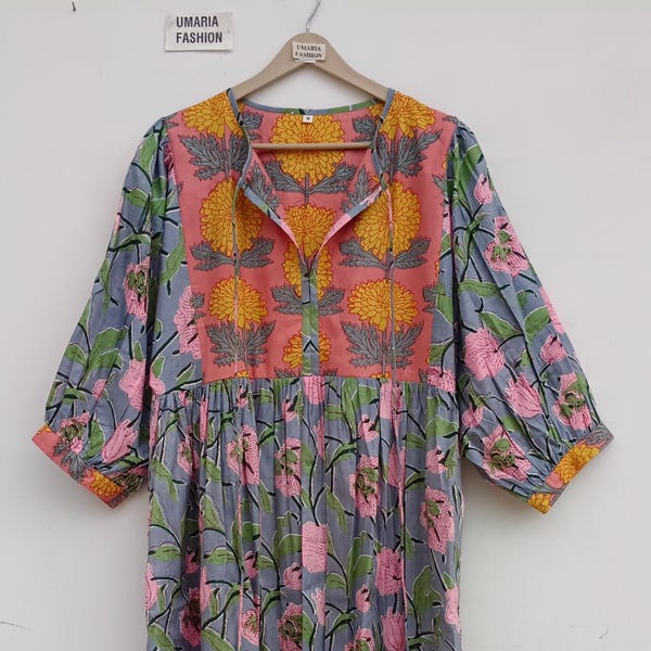 Vestido midi de algodón floral hecho a mano - Vestido bohemio de verano