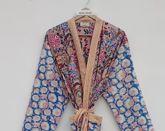 Cotton Kimono Robes Dressing Gown,Block Print Bridesmaid, Summer Nightwear,One Size