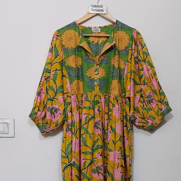 Vestido midi de algodón floral hecho a mano: túnica bohemia de verano, vestido de mujer