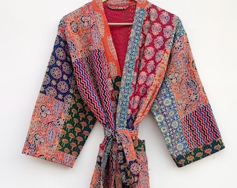Floral Cotton Kantha Kimono Robe: Handmade Patchwork Quilted Coat