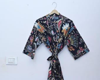 Cotton Kimono Robes Dressing Gown,Block Print Bridesmaid, Summer Nightwear,One Size