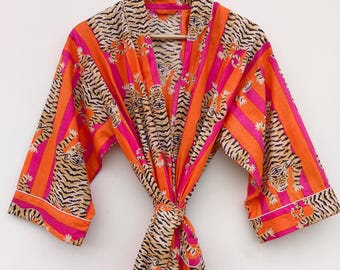Cotton Kimono Robes Dressing Gown,Block Print Bridesmaid, Summer Nightwear,One Size