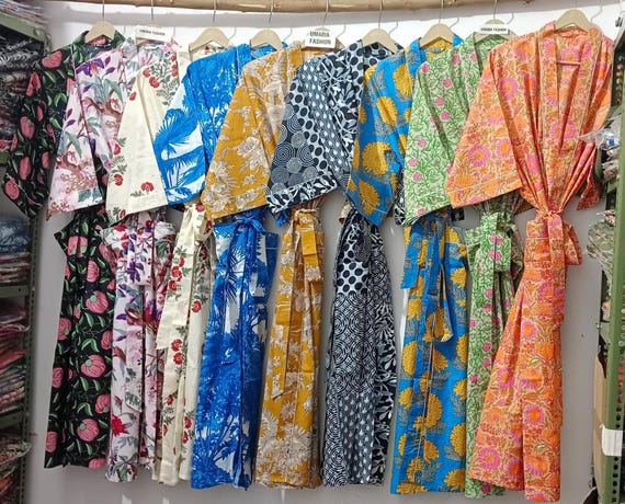 Cotton Kimono Robes Dressing Gown,Block Print Bridesmaid, Summer Nightwear,One Size
