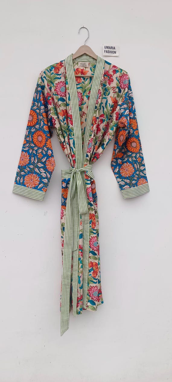 Cotton Kimono Robes Dressing Gown,Block Print Bridesmaid, Summer Nightwear,One Size